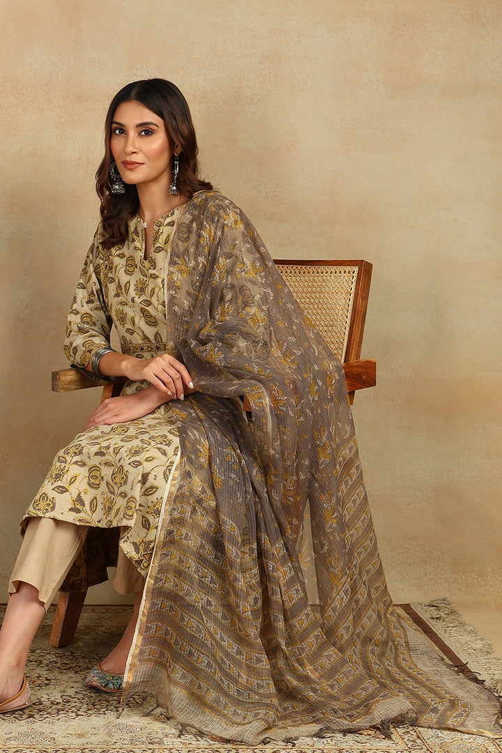 Brown-&-Beige-Kota-Doria-Printed-Dupatta