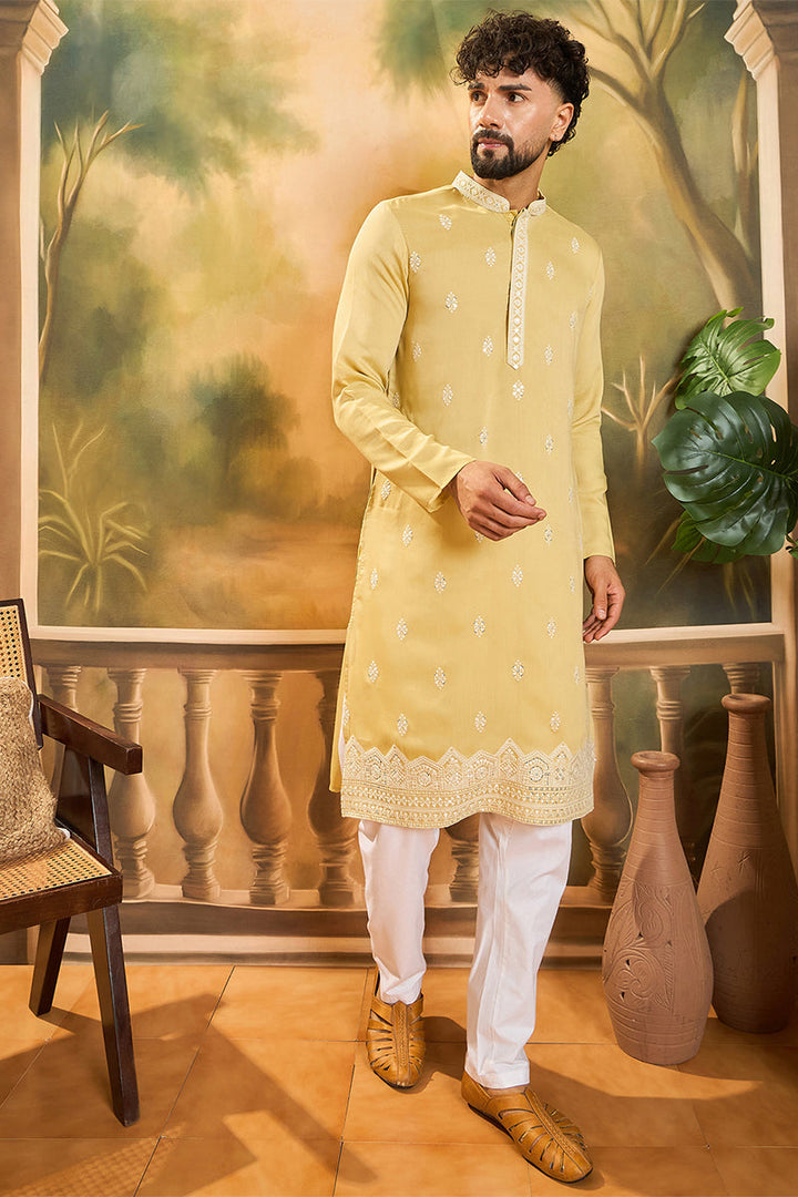 Mens Yellow Silk Solid Embroidered Straight Kurta