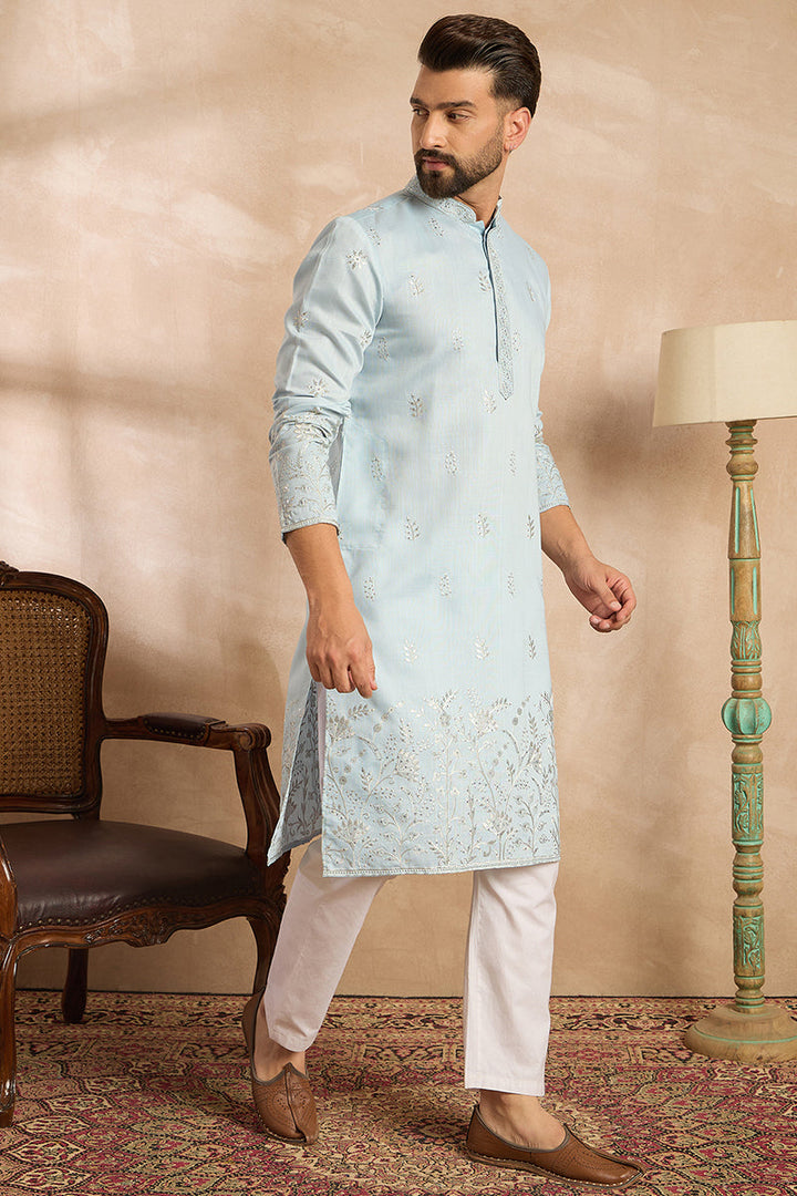 Mens Blue Silk Blend Solid Embroidered Straight Kurta