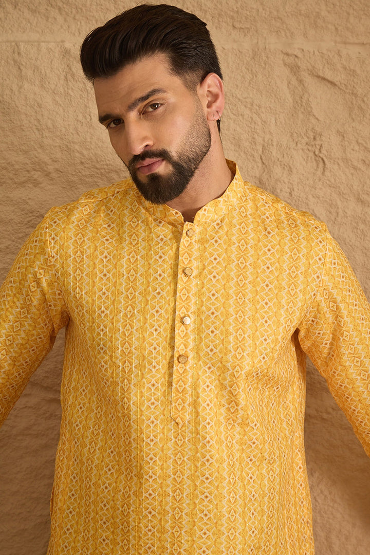 Mens Yellow Silk Blend Geometric Embroidered Straight Kurta with Trouser