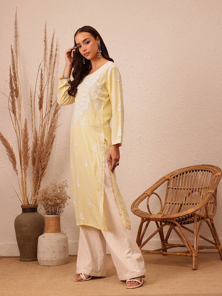 Yellow & White Rayon Embroidered Chikankari Kurta