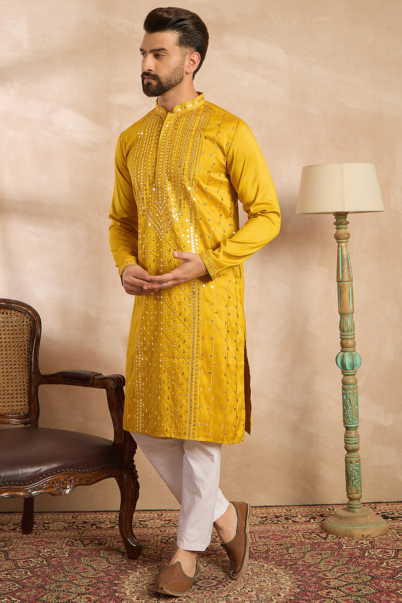 Mens Yellow Silk Blend Geometric Embroidered Straight Kurta