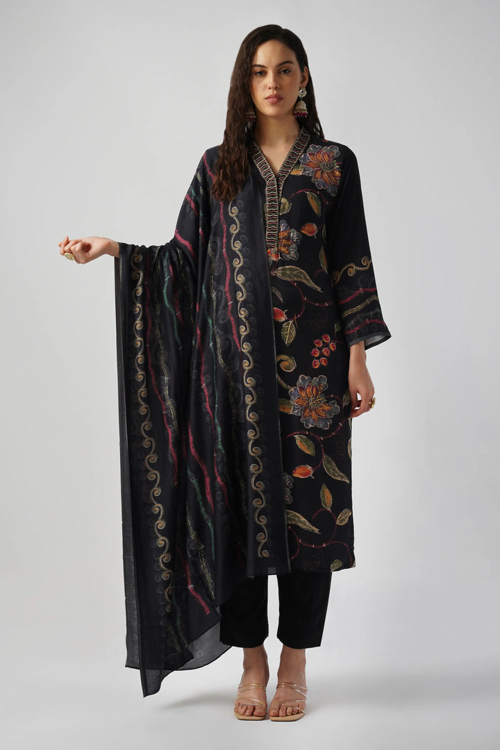 Jet Black Pure Pashmina Wool Designer Suit Set