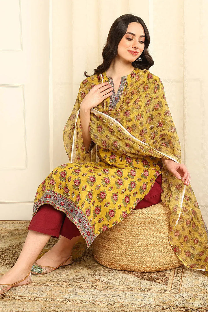 Mustard-Yellow-Cotton-Straight-Sanganeri-Kurta