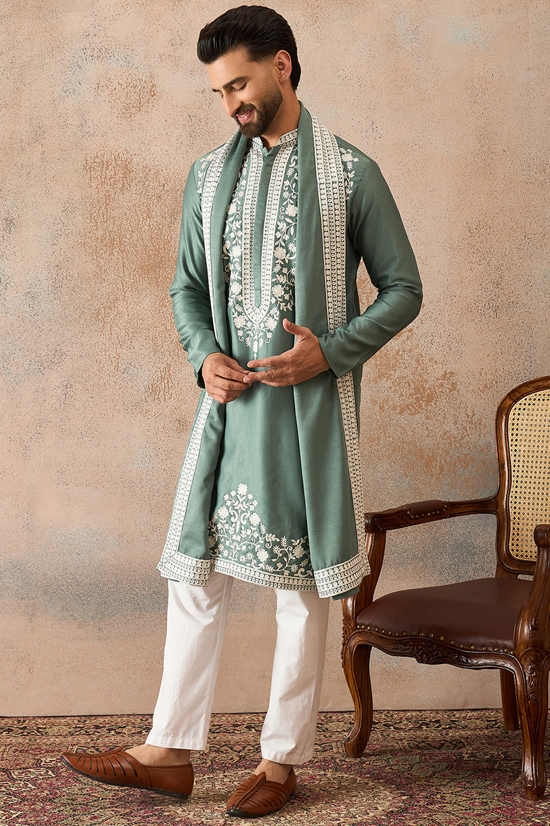 Mens Green Silk Blend Solid Embroidered Kurta With Dupatta
