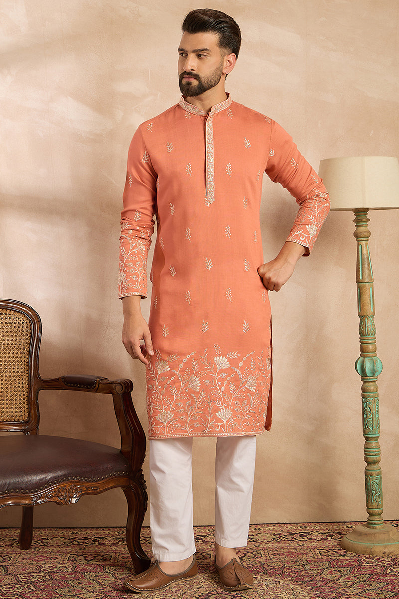 Mens Peach Vartican Solid Embroidered Straight Kurta With Trouser