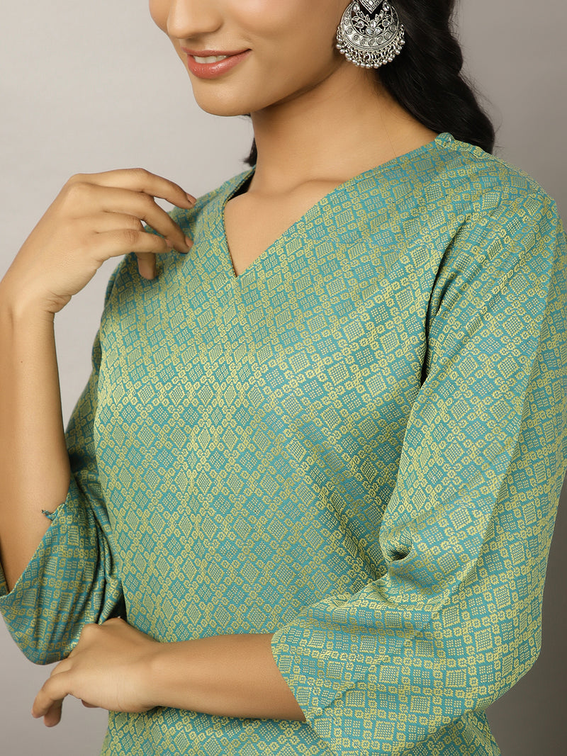 Sea-Green-Cotton-Blend-Self-Design-Festive-3-Piece-Kurta-Set