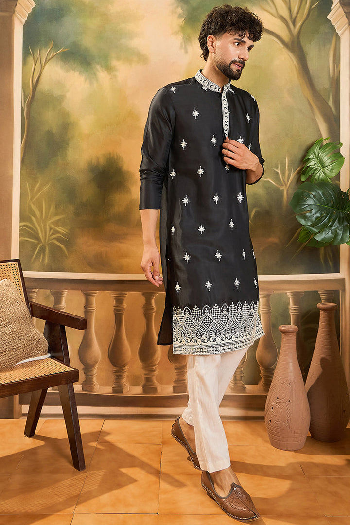 Mens Black Silk Blend Solid Embroidered Straight Kurta