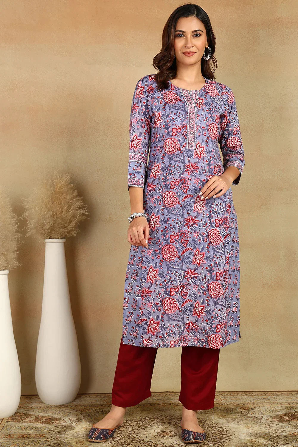 Lavender-&-Maroon-Cotton-Straight-Bagru-Kurta