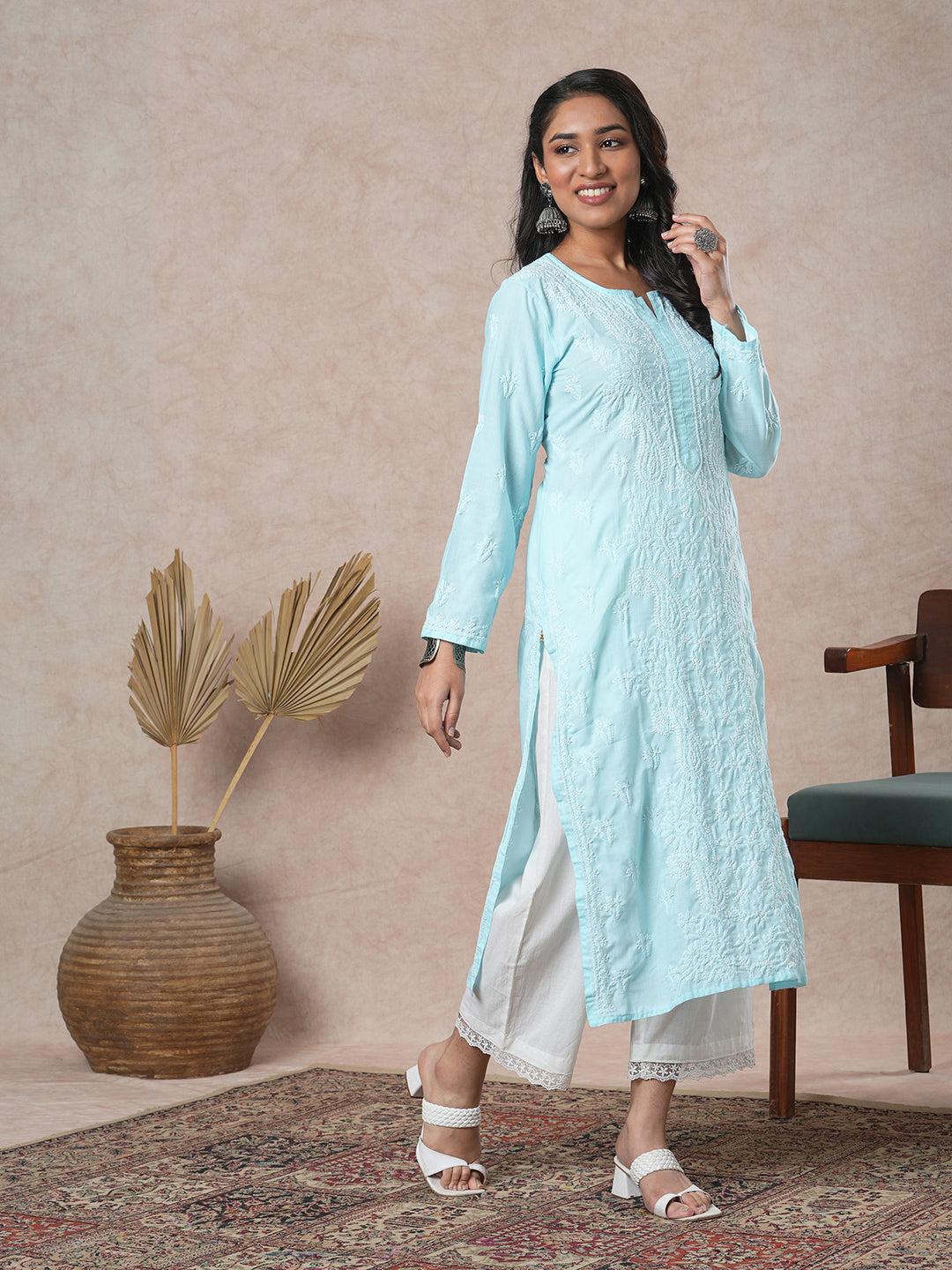Hand Embroidered Lucknowi Chikankari sky Blue & White Cotton Kurta
