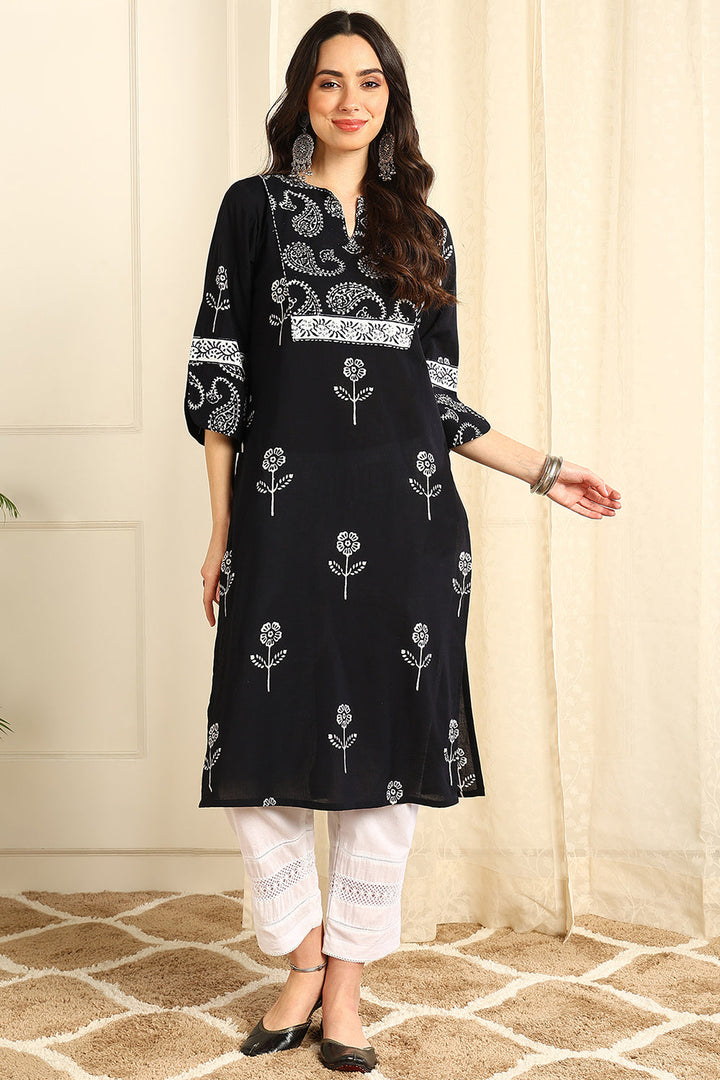 Black-Cotton-Straight-Bagru-Kurta