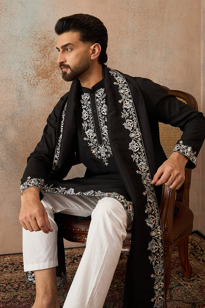 Mens Black Silk Blend Solid Embroidered Kurta With Dupatta