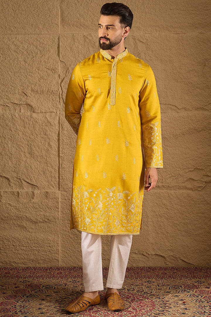 Mens Yellow Vertican Solid Embroidered Straight Kurta
