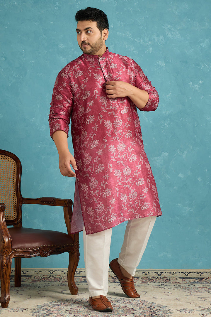 Mens Maroon Silk Blend Floral Printed Kurta