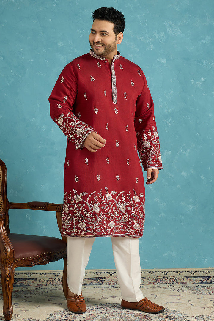 Mens Maroon Silk Blend Solid Thread Work Embroidered Kurta