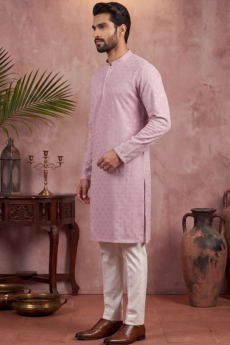 Mens Purple Viscose Rayon Solid Embroidered Straight Kurta with Trouser