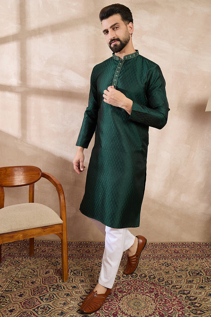 Mens Green Silk Blend Solid Woven Design Straight Kurta