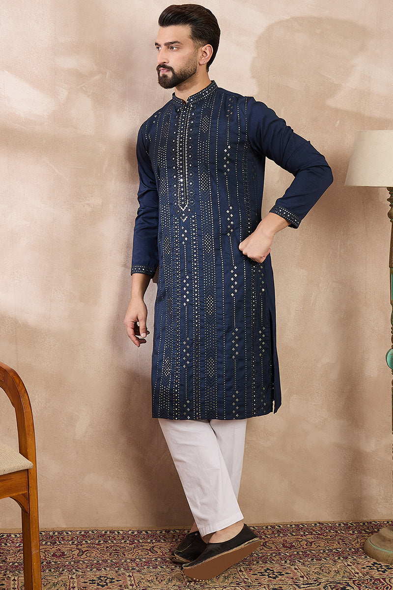 Mens Blue Silk Blend Geometric Embroidered Straight Kurta