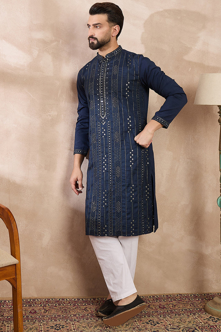 Mens Blue Silk Blend Geometric Embroidered Straight Kurta