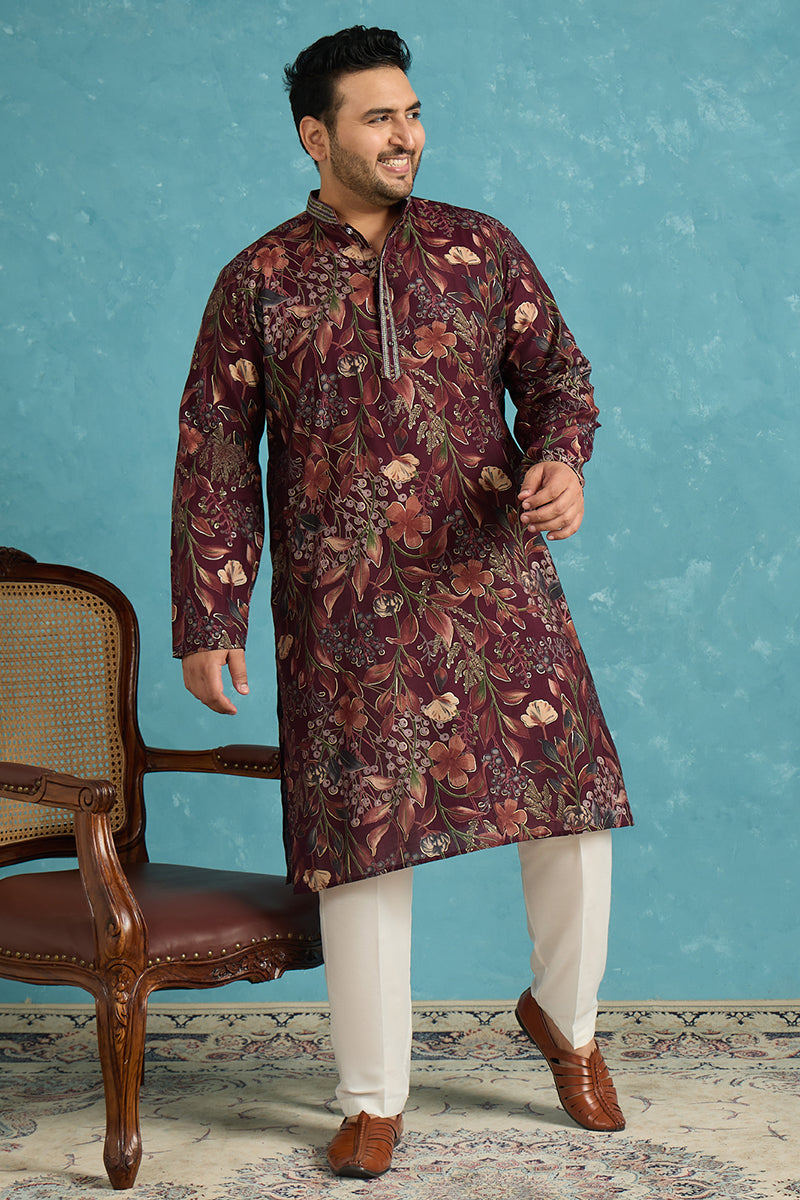 Mens Purple Silk Blend Floral Printed Kurta