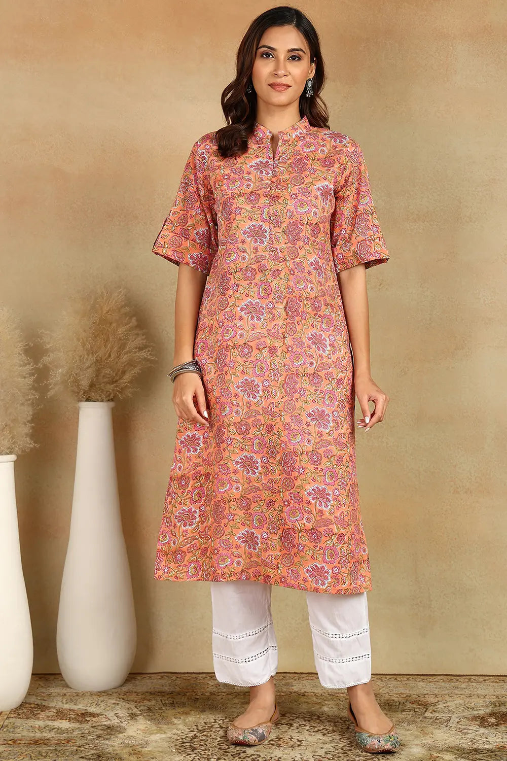 Crimson-Cotton-Hand-Block-Printed-Half-Sleeves-Kurta