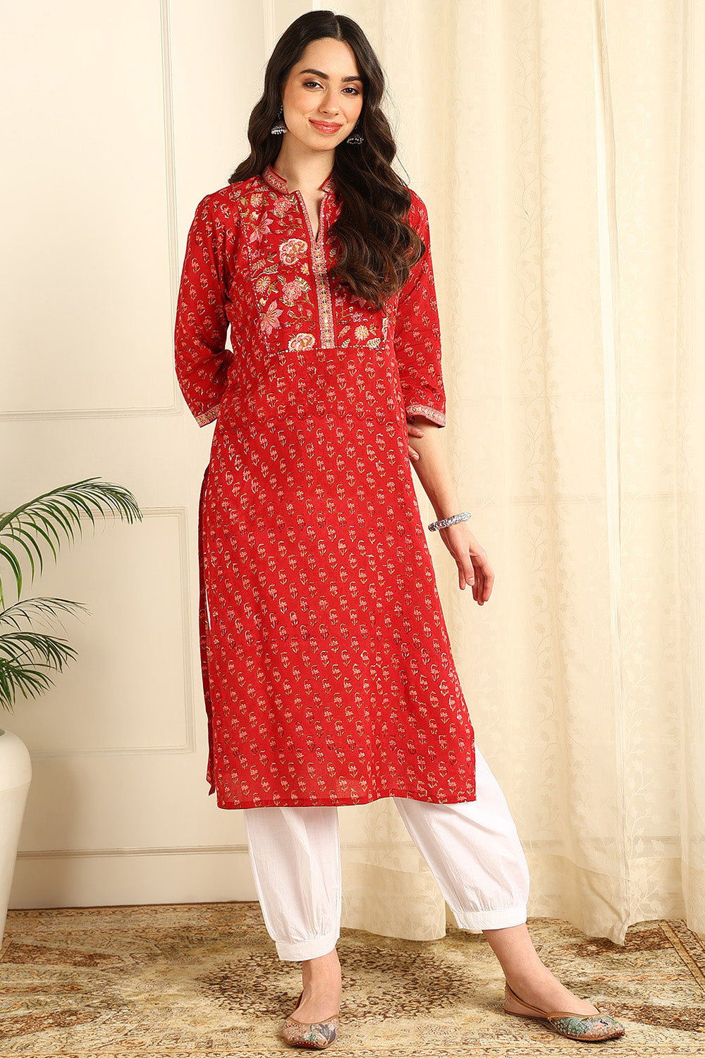 Red-Cotton-Sanganeri-Straight-Kurta