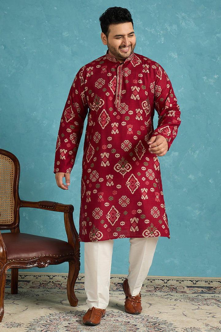 Mens Red Silk Blend Abstract Printed Kurta