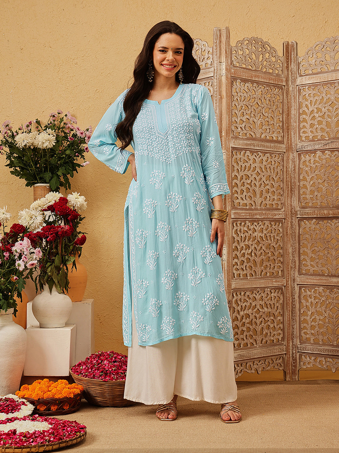 Hand Embroidered Lucknowi Chikankari Blue & White Modal Kurta