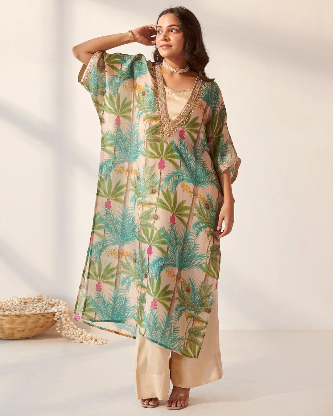 Cream-&-Multicolor-Tissue-Foliage-Print-Kaftan-Set