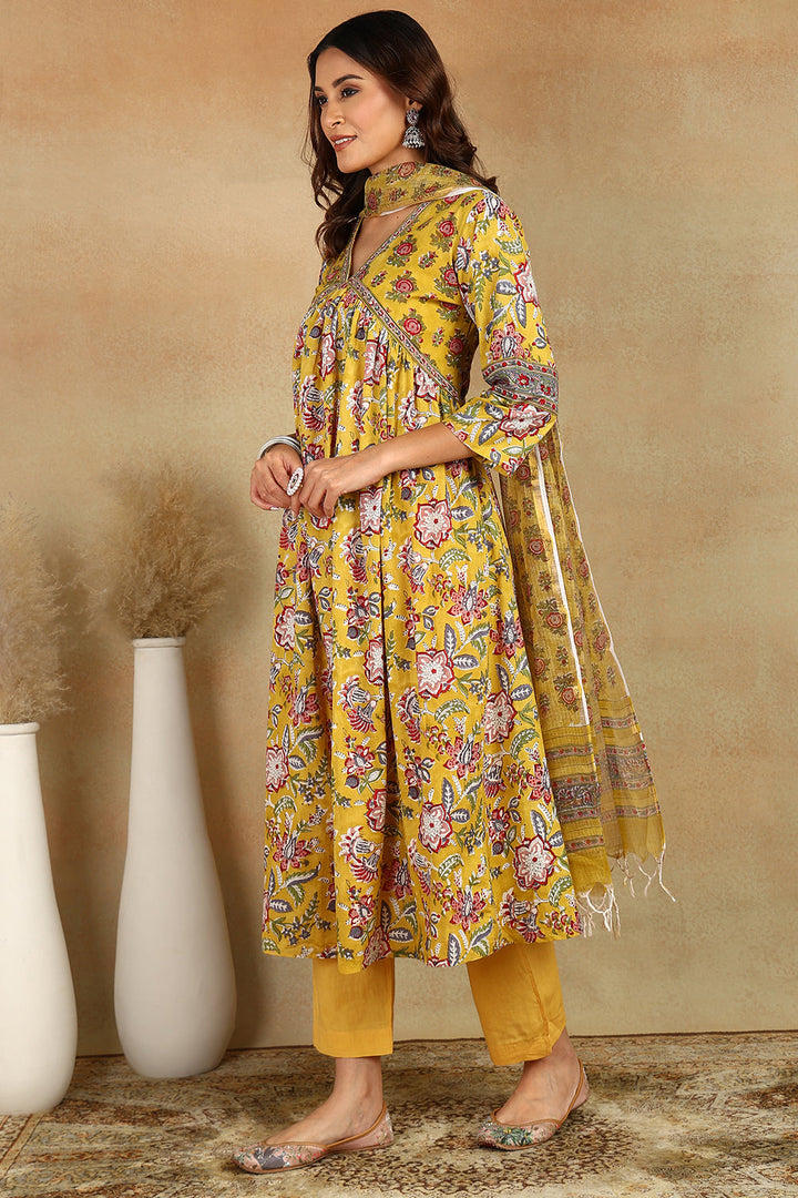 Mustard-&-Maroon-Cotton-Printed-'A'-Line-Kurta