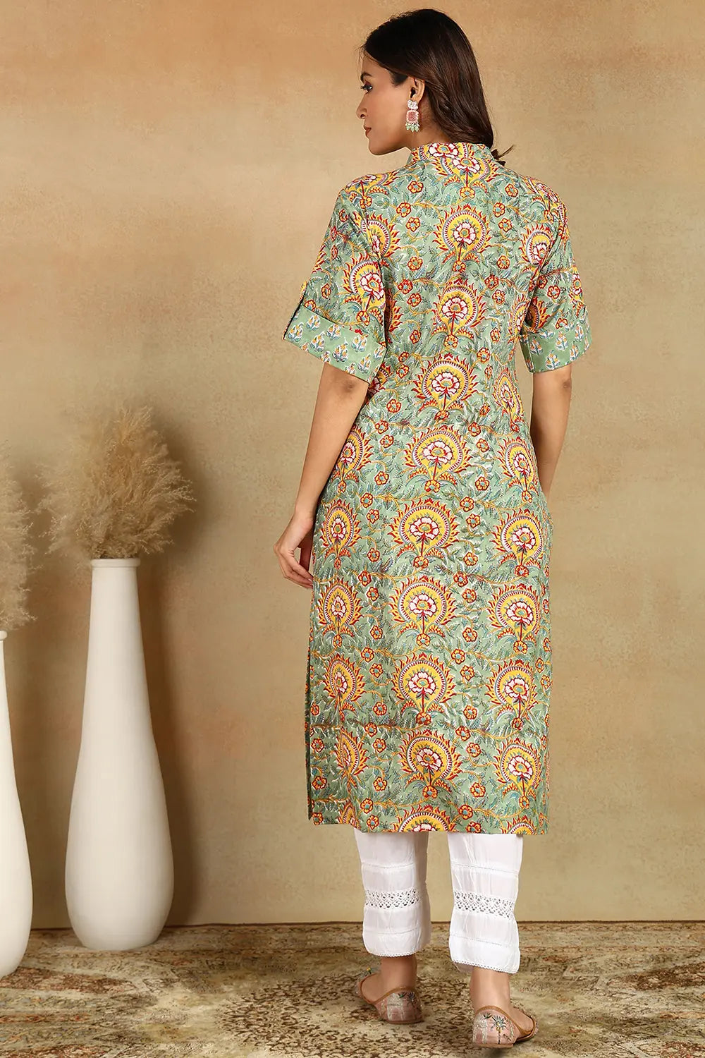 Green-&-Yellow-Cotton-Hand-Block-Printed-Half-Sleeves-Kurta