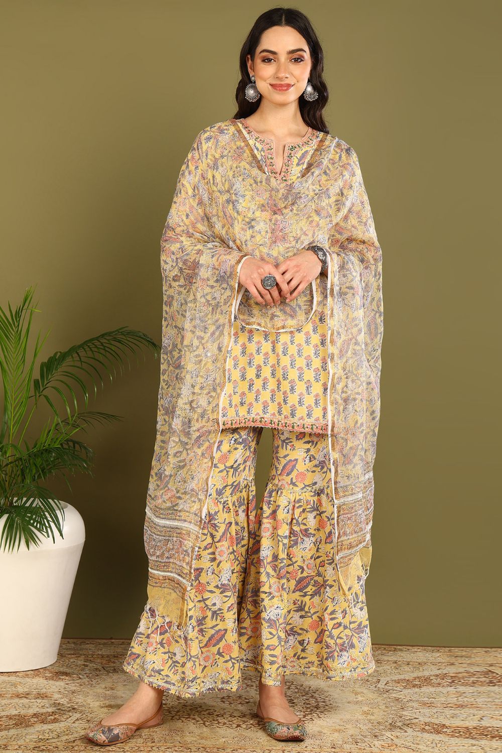 Yellow-Cotton-Sanganeri-3-Piece-Kurta-Set