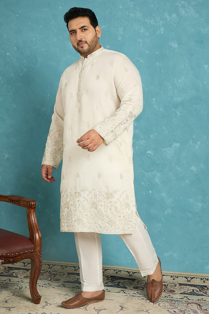 Mens White Silk Blend Floral Thread Work Embroidered Kurta