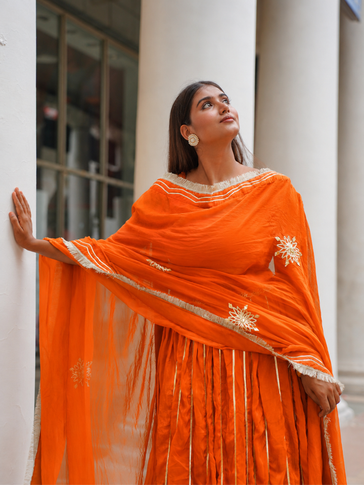 Orange Silk Sleeveless Lehenga Set