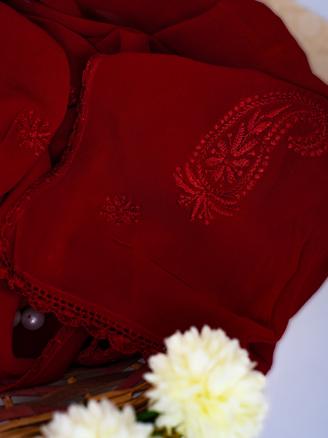 Red Poly Georgette Floral Chikankari Handloom Dupatta