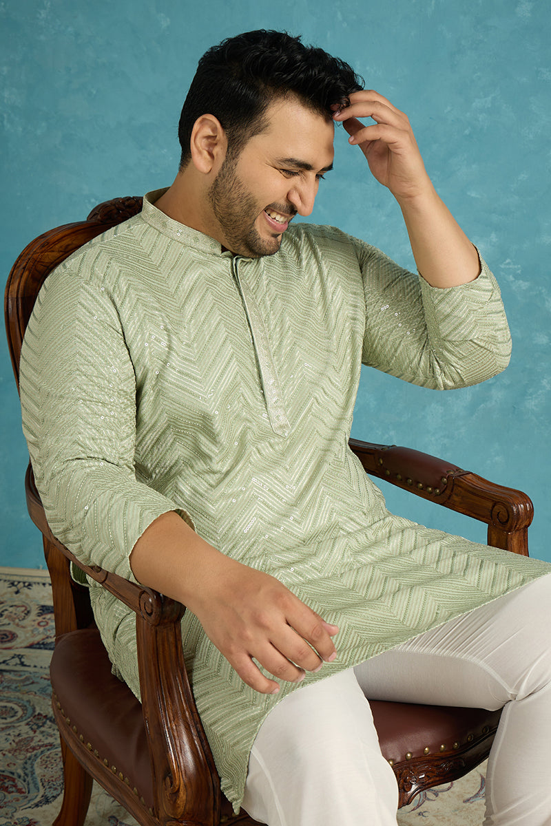 Mens Green Viscose Rayon Solid Chikankari Embroidered Kurta