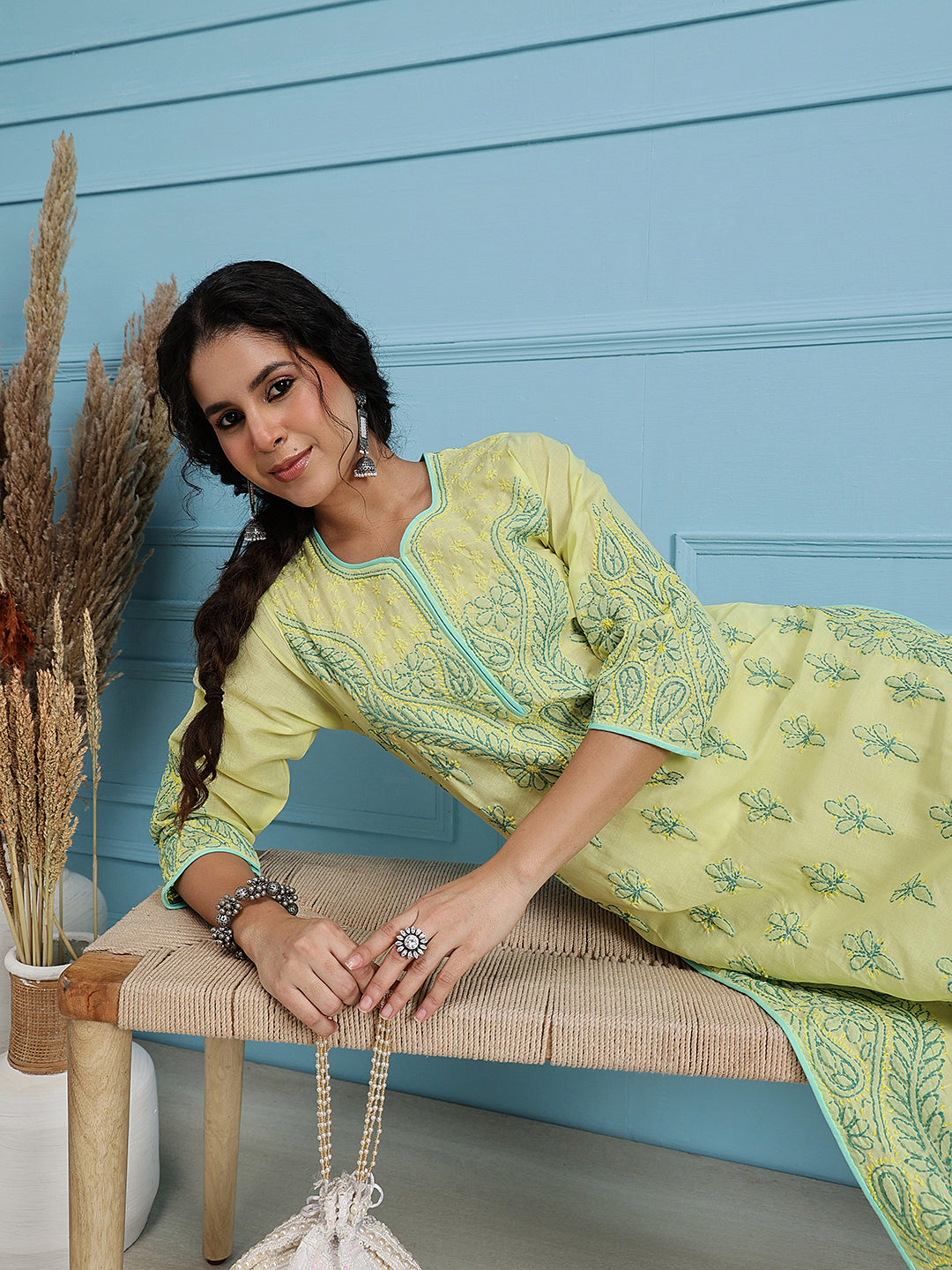 Lemon Yellow & Green Embroidered Chikankari Cotton Kurta