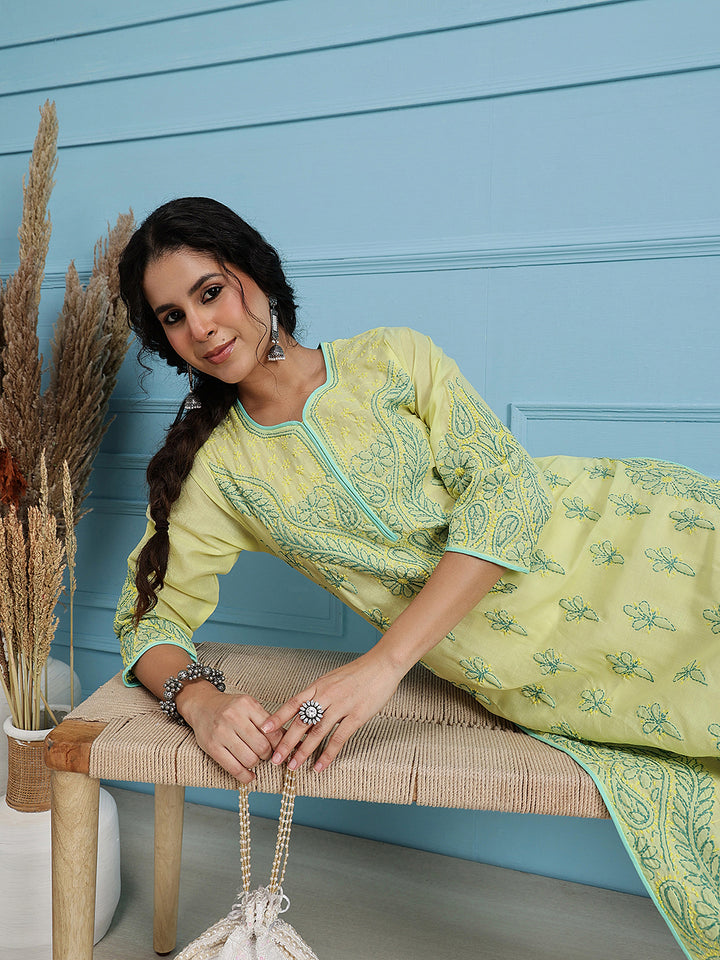 Lemon Yellow & Green Embroidered Chikankari Cotton Kurta