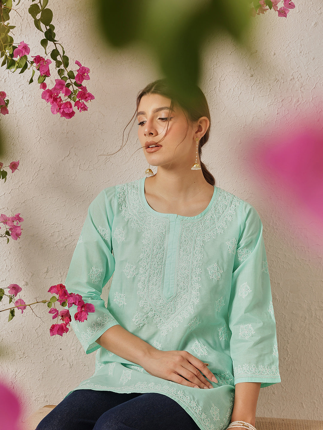 Sea Green Cotton Chikankari Tunic Kurti