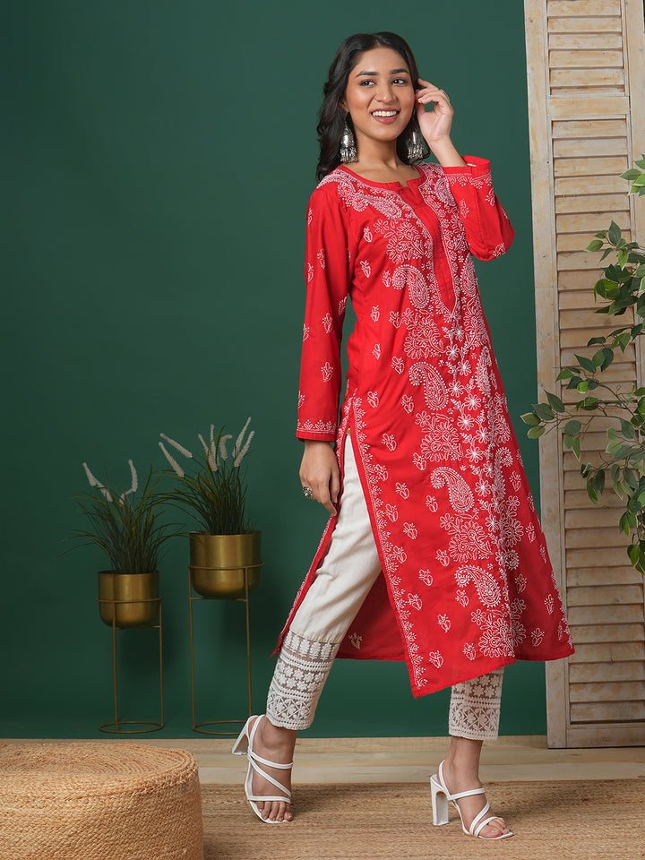 Hand Embroidered Lucknowi Chikankari Red &amp; White Cotton Kurta