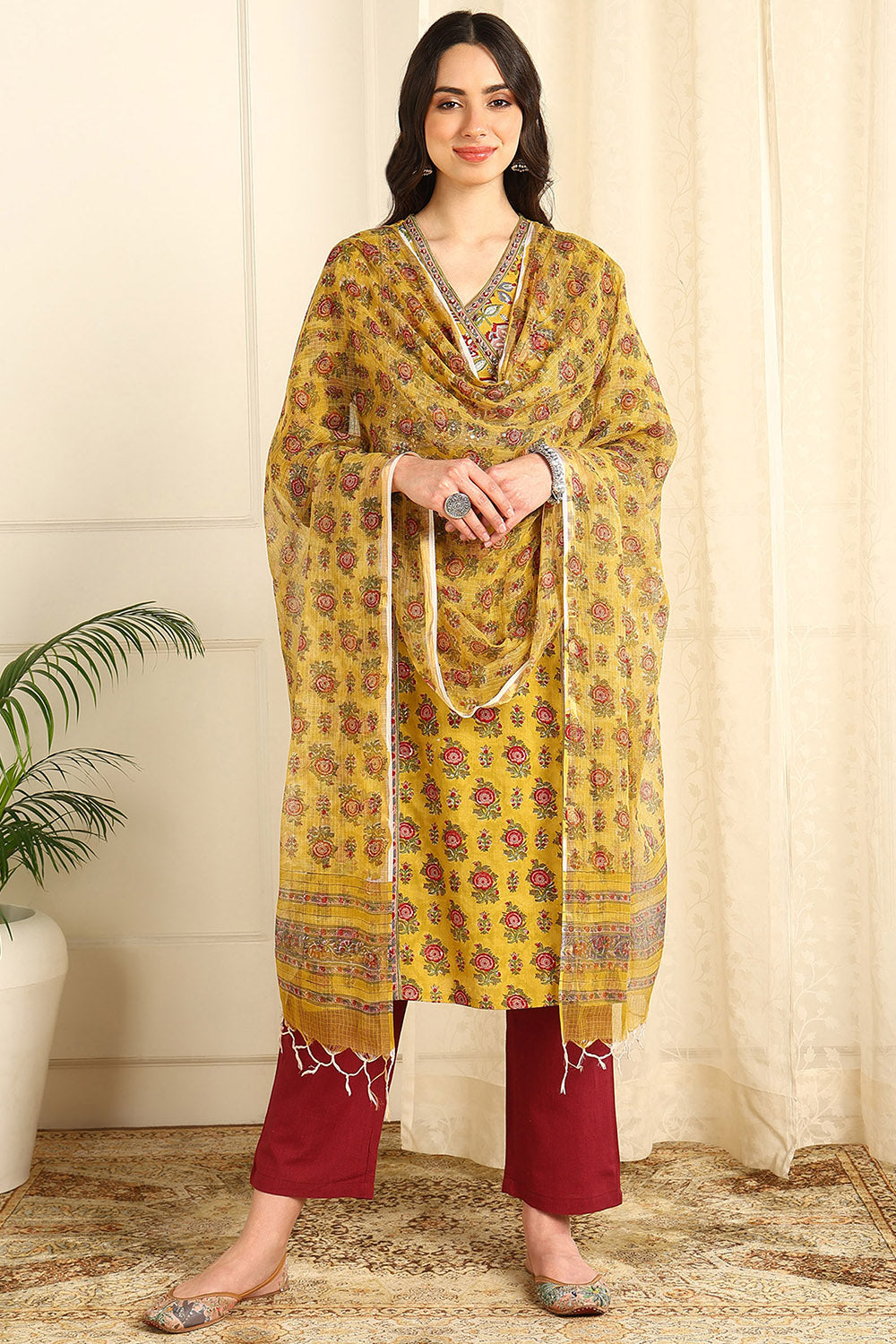 Mustard-Yellow-Cotton-Printed-Straight-Sanganeri-Kurta