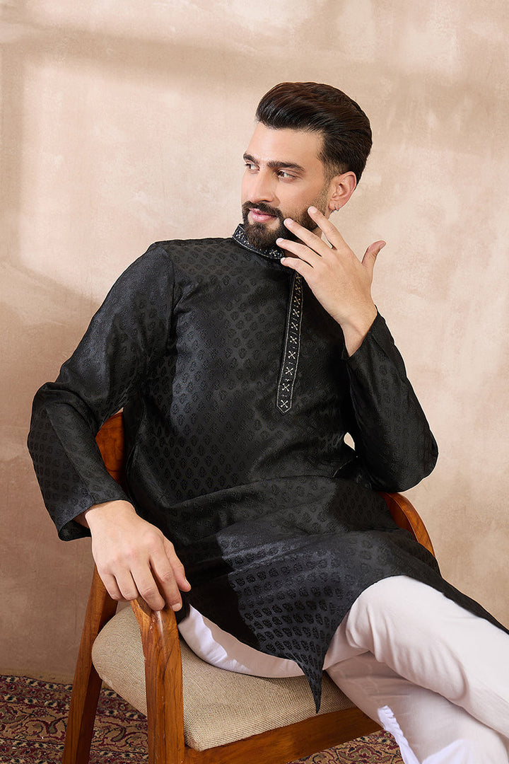 Mens Black Silk Blend Solid Woven Design Straight Kurta