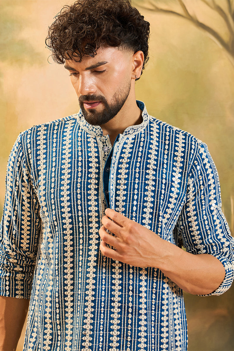 Mens Blue Viscose Rayon Embroidered Straight Kurta