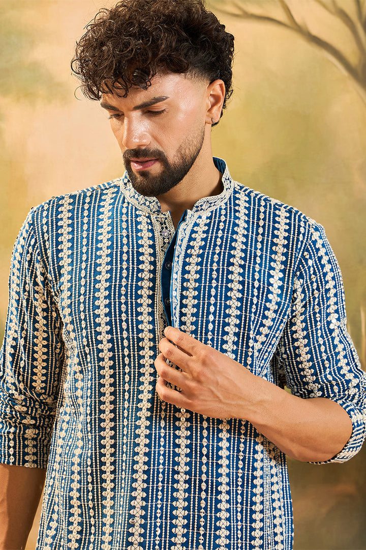 Mens Blue Viscose Rayon Embroidered Straight Kurta