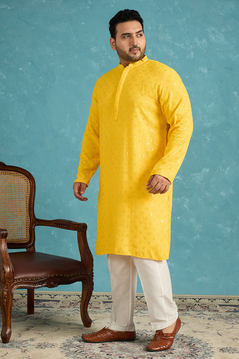 Mens Mustard Viscose Rayon Solid Chikankari Embroidered Kurta