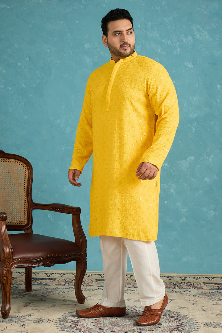 Mens Mustard Viscose Rayon Solid Chikankari Embroidered Kurta