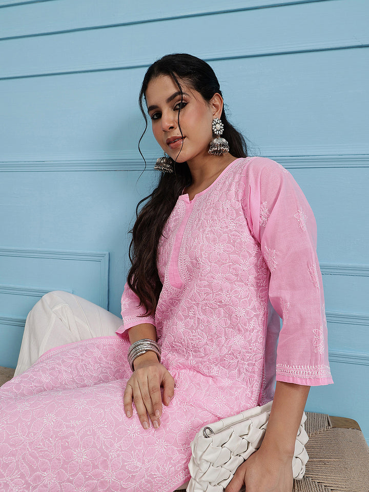 Hand Embroidered Pink Lucknow Chikan Kurta