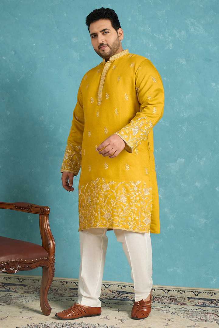 Mens Yellow Silk Blend Solid Thread Work Embroidered Kurta