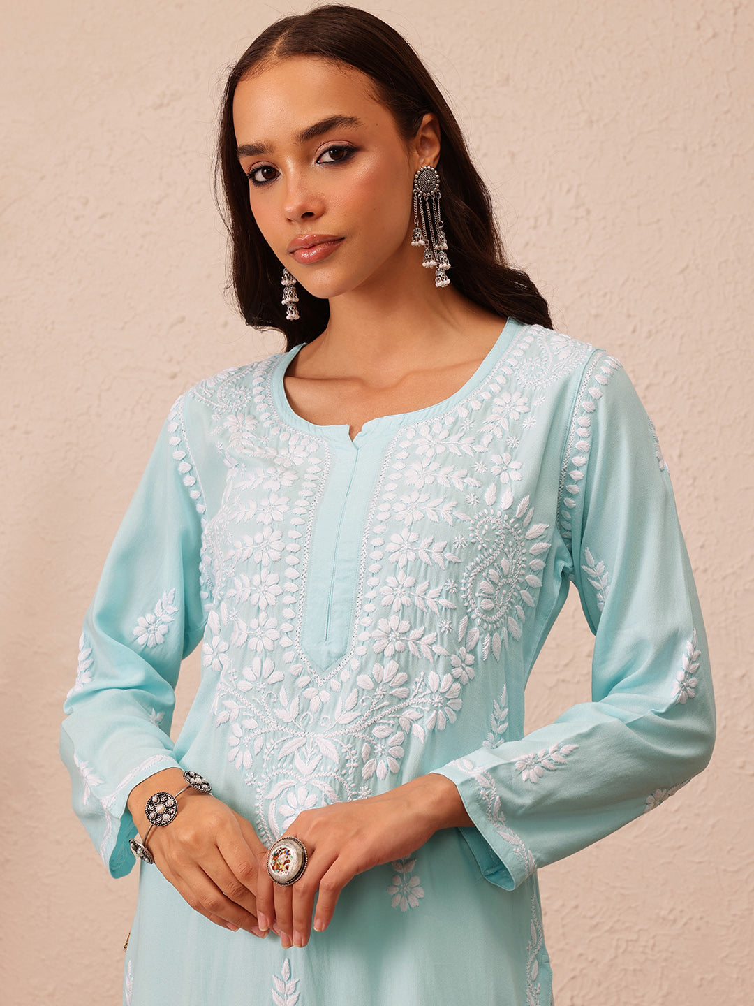 Sky Blue Rayon Chikankari Motif Straight Kurta