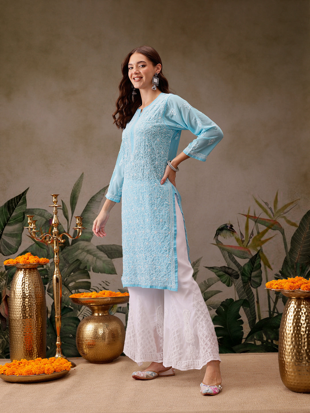 Blue Faux Georgette Chikankari Straight Kurti